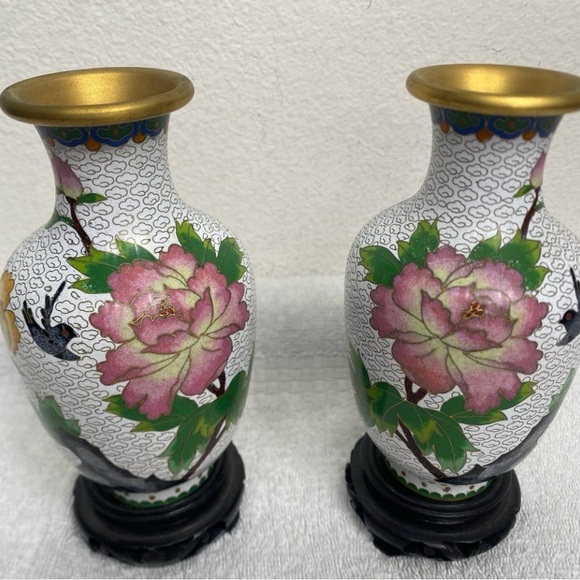Vintage Chinese Traditional White Floral Bird Set of 2 Small Vases Contemporary - Picture 6 of 16